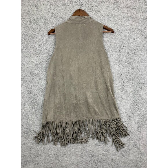 Large (L) Pink Rose Gray Faux Suede Microfiber Fringe Kimono Cardigan Vest - Picture 11 of 16